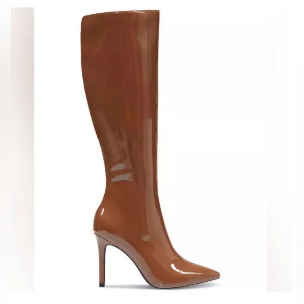 NEW INC Womens Cognac Brown Patent Rajelp Pointed Toe Stiletto Zip Knee hi boots